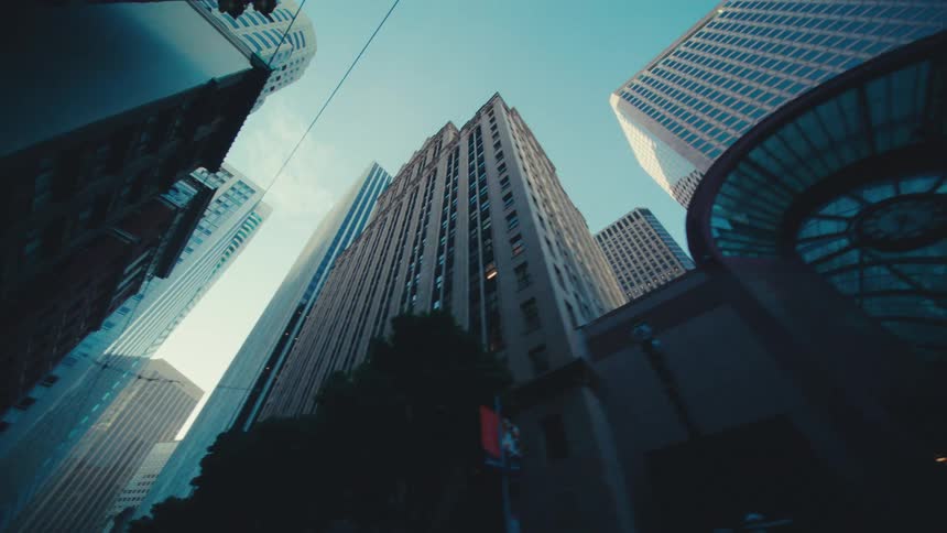 Densely packed buildings in the metropolis cast shadows on the trees lining the streets