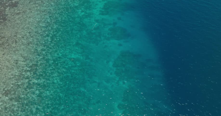 An aerial view captures the sharp transition from shallow reef to deep ocean as waves shimmer in the sunlight near a tropical island coastline