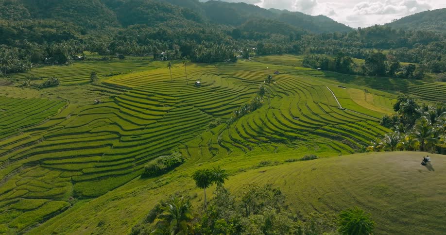 An aerial view reveals a sweeping landscape of tiered rice terraces and rolling hills bordered by tropical vegetation and scattered village homes