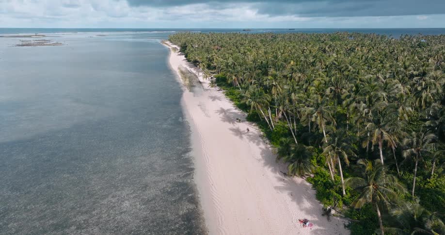 An aerial view flies off a tropical island over a white sandy beach with palm trees and people lounging revealing the vast overcast ocean beyond