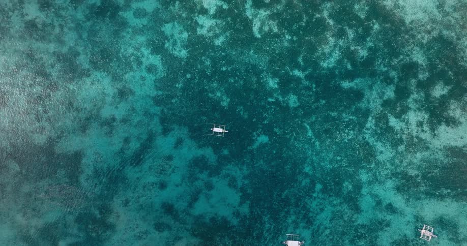 An aerial view follows a small white boat gliding over clear tropical waters as it moves toward a group of other boats on the ocean surface