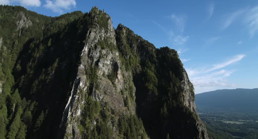 The tall mountains are steep with a clear sky above