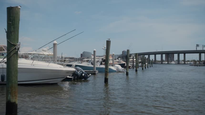 A row of boats are parked in the marina