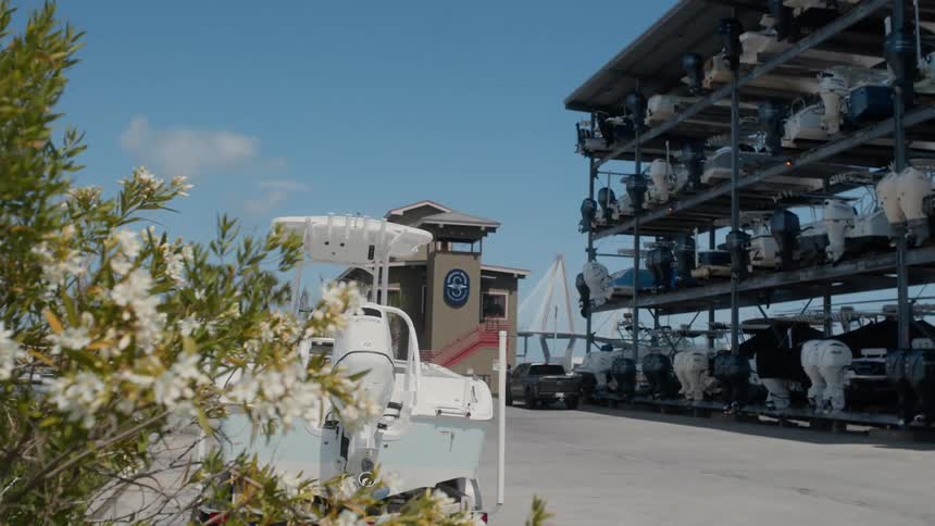 Boats are stored in the harbor