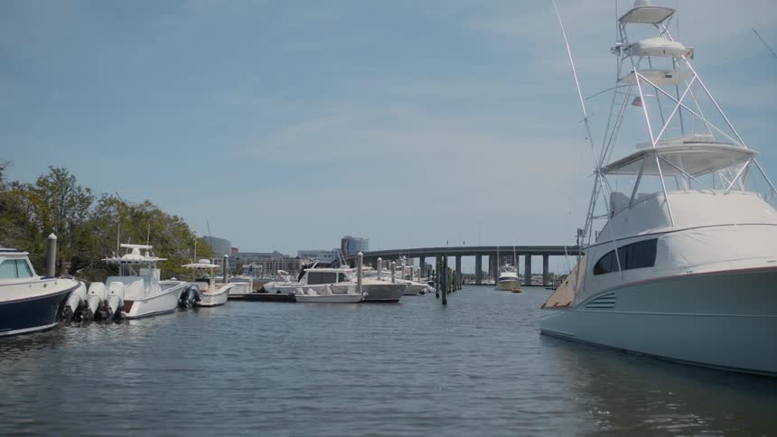 Yachts and motorboats line the docks near a bridge on a summer day