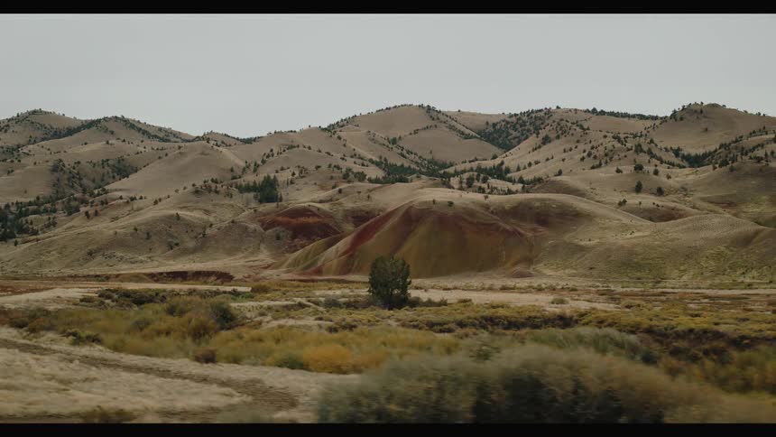A wide shot captures a vast arid landscape of rolling hills sparsely dotted with trees under a cloudy overcast sky