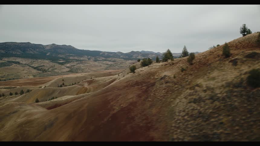 The landscape is covered in light fog