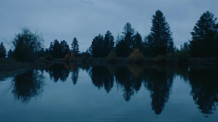 A tranquil scene captures the silhouettes of tall pine trees reflected in the still waters of a lake at dusk under a moody overcast sky