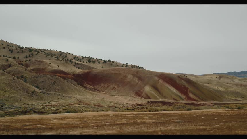 A landscape shot shows rolling hills with dry patchy vegetation and scattered trees under an overcast sky