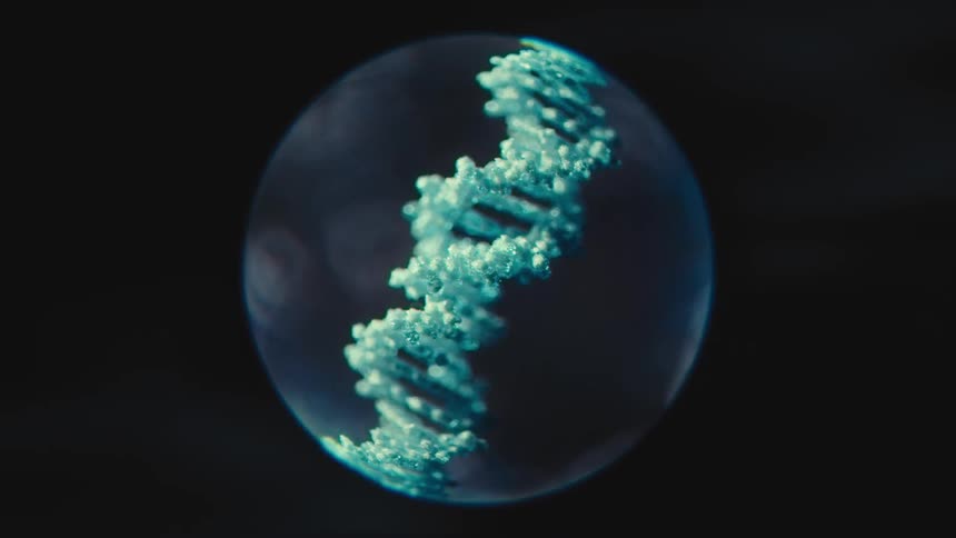 A Microscope POV closeup of DNA Strand Suspended in Blue Fluid