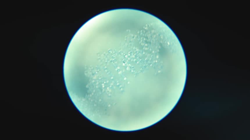 A Microscope POV closeup of a glass DNA double helix structure illuminated against a Bright background