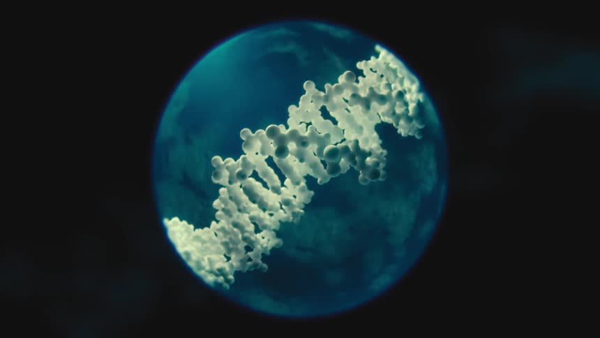 A Microscope POV closeup of DNA Strand Suspended in Blue Fluid
