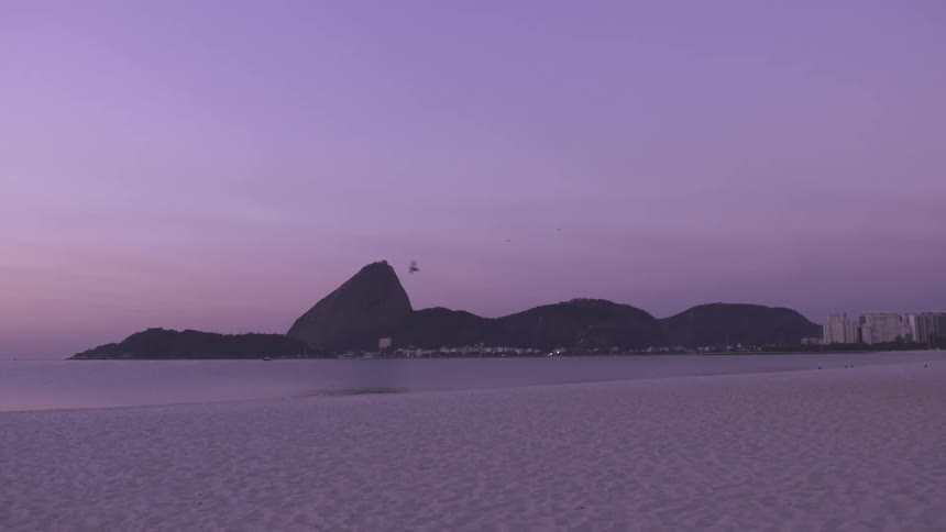 Twilight over Rio’s quiet shoreline, bird flies over the water while the mountains towering over a coastal city