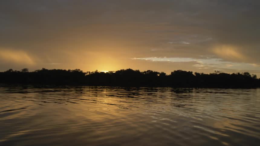 The lake shows rippling among a silhouette of bushes under a cloudy sky