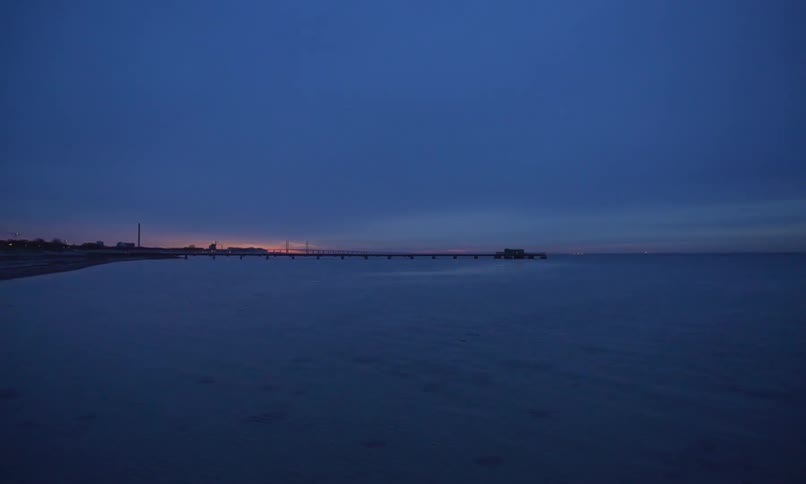 Birds fly over the shore as the sun sets