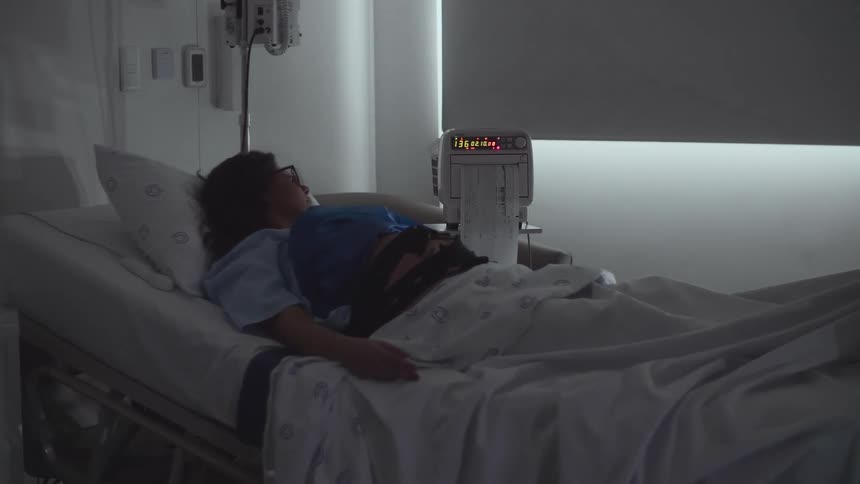 A pregnant woman lies in a dimly lit hospital bed with medical equipment nearby