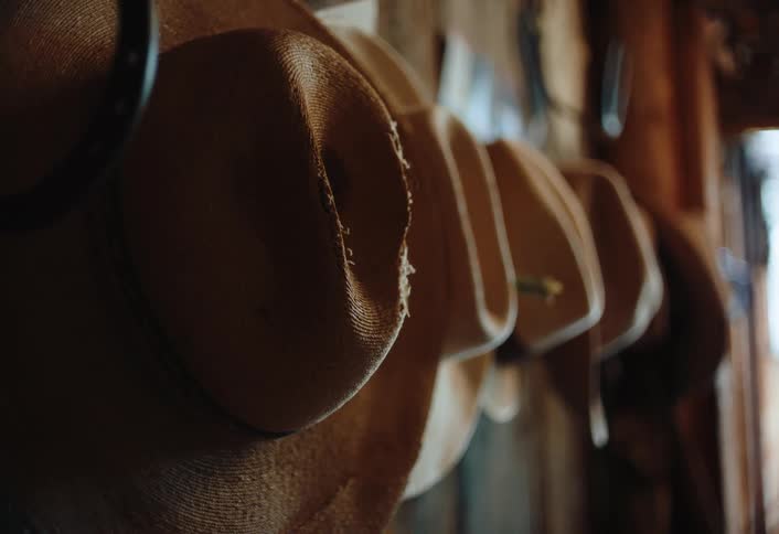 Various cowboy hats hanging on wall on display in a retail store