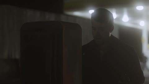 A man picks up a payphone changes his mind and walks away