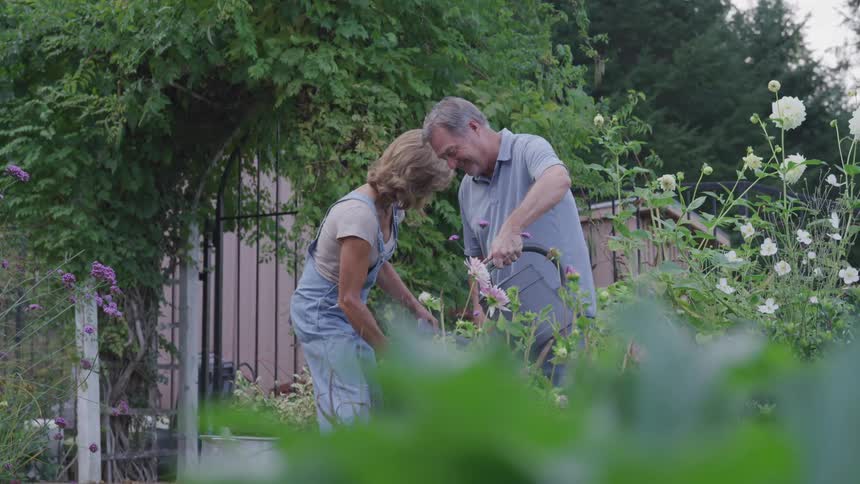 A man waters plants with a watering can while a woman tends to flowers in a lush garden