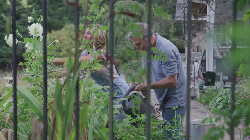 A man and woman are happy while they are gardening in their yard