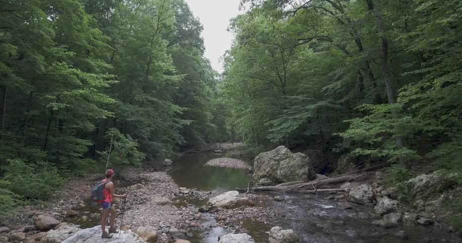 A hiker is standing on a rock looking at the water ahead