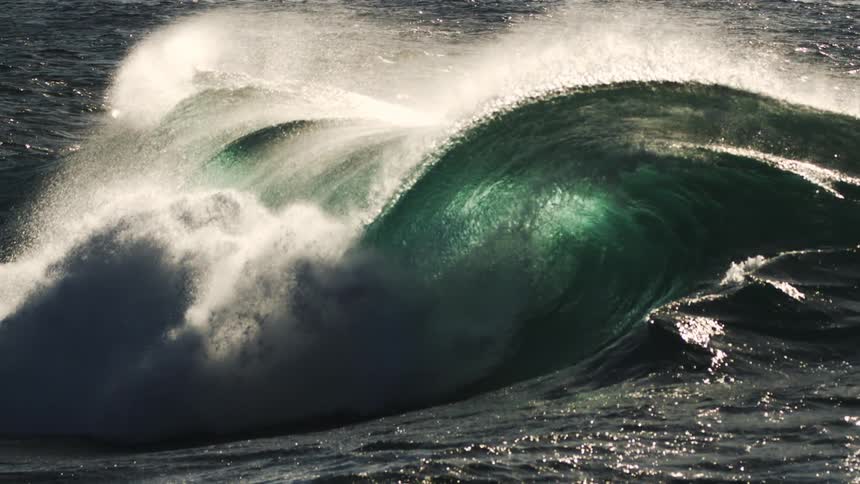 A large dark wave curls and crashes in the ocean its peak topped with white spray and a hint of green light shining through the water contrasting with the sunlit sparkling sea around it