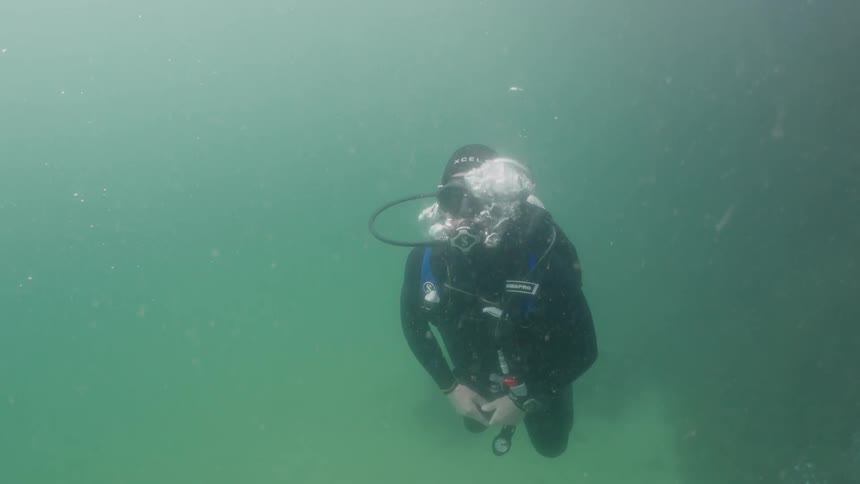 A diver is swimming underwater
