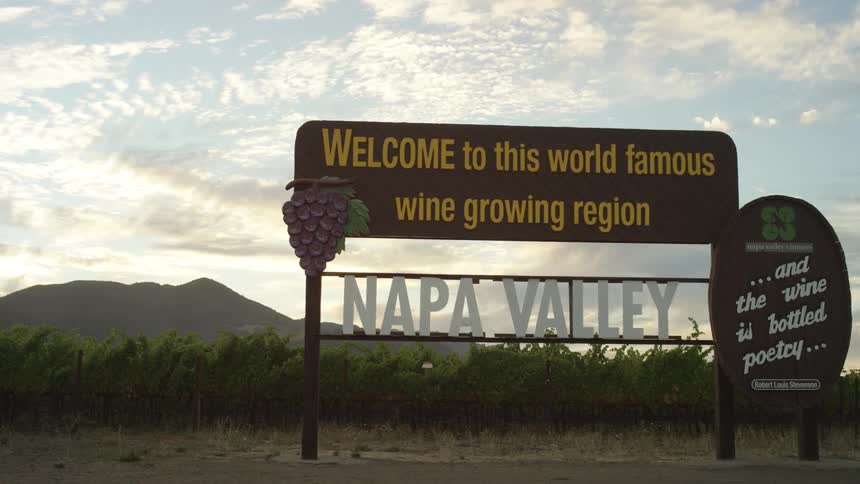 A roadside sign welcomes visitors to napa valley with vineyards and distant hills visible under a partly cloudy sky