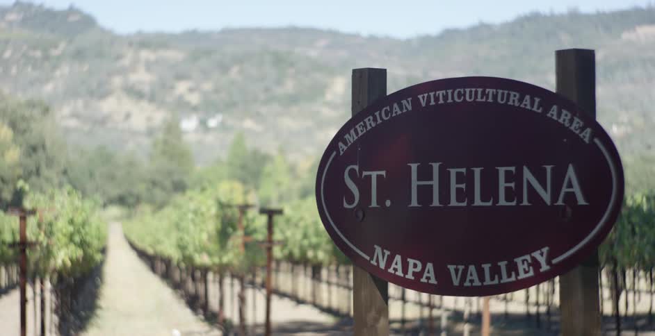 A sign reading st helena napa valley american viticultural area is prominently displayed in the foreground with a vineyard stretching into the distance towards rolling hills under a bright sky