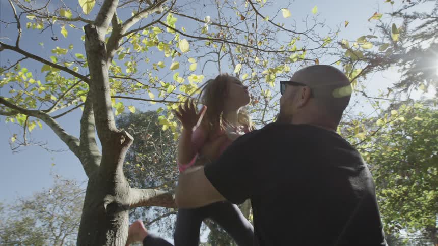 A girl up in a tree jumps to a man's arms