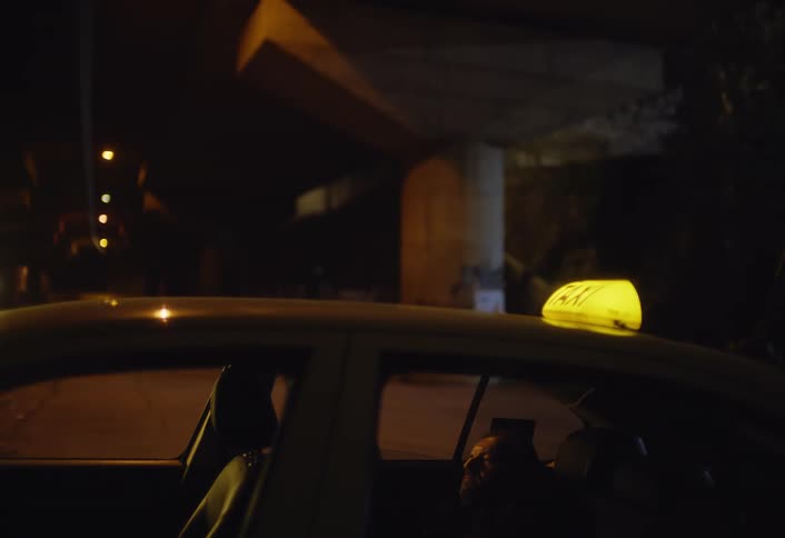 At night a taxi with its light on is parked under an overpass and a man briefly appears outside the car