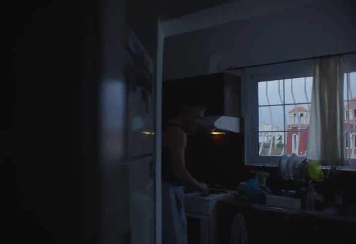 A person cooks in a dimly lit kitchen with a view of a church with domed roofs visible through the window