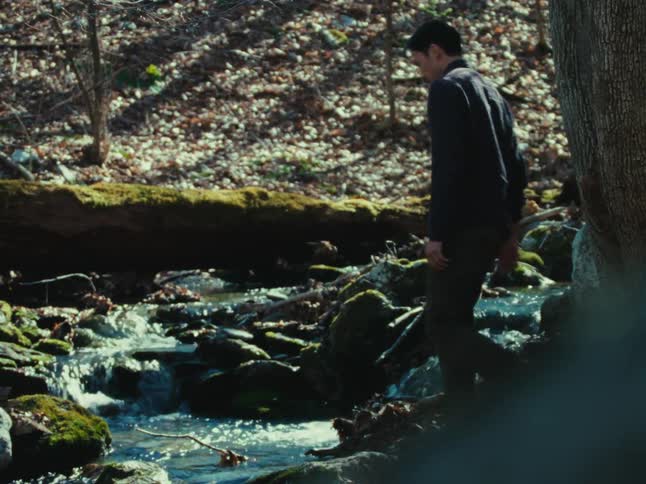 A man stands by a small stream flowing over moss covered rocks and fallen logs in a sun dappled forest