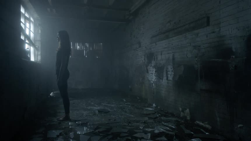 A woman stands in this dark room looking out the window