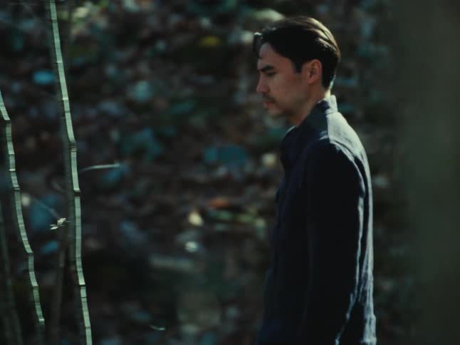 A man with dark hair and a mustache strolls through a forest surrounded by trees