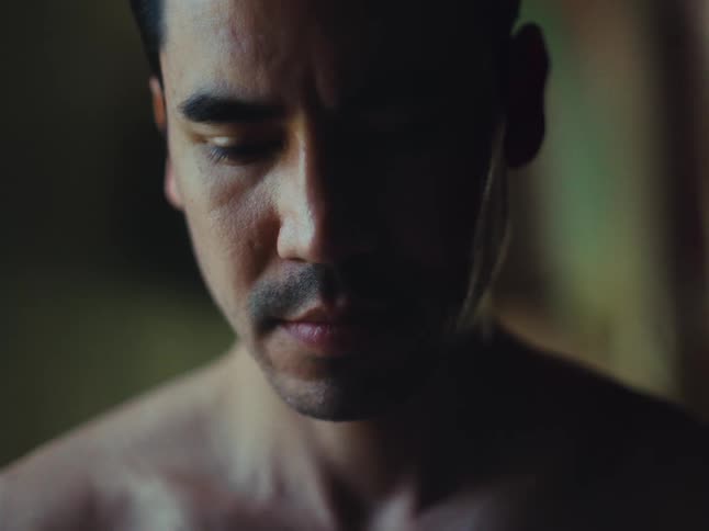 A shirtless mans face partially obscured by shadow with his gaze directed downwards