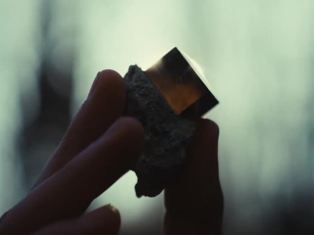 A person is holding a golden cube encased in rock