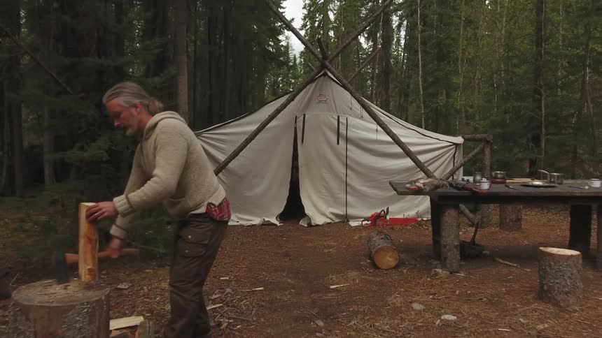 A man walks out of a tent in the woods and chops logs into firewood