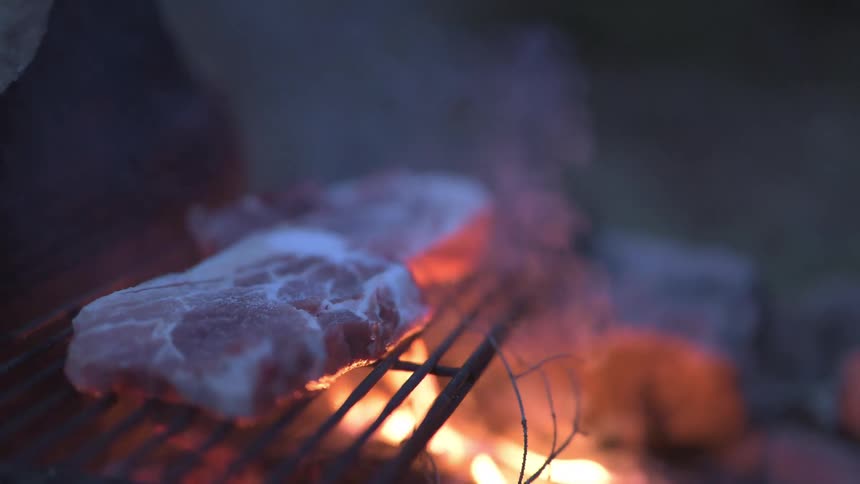 A piece of meat is being grilled over an open flame with the focus on the cooking process and the interplay of fire and food