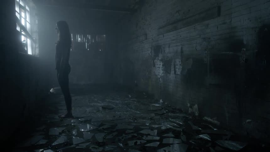 A woman stands on shards of broken glass and looks out the window
