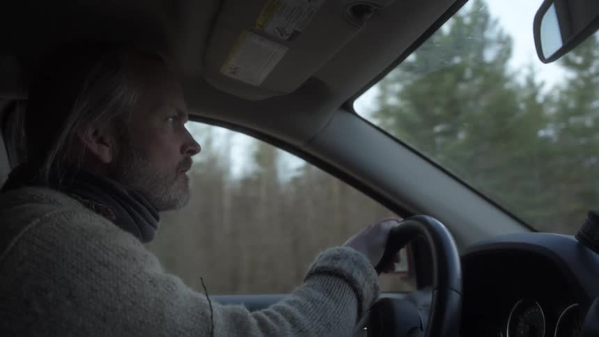 A man with gray hair drives a car his profile illuminated by the dashboard light against the dark interior with a glimpse of trees visible through the side window
