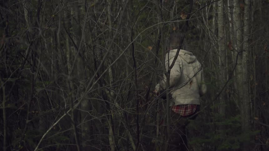 A man carrying a hunting rifle walks into a forest with dead trees bare twigs and thin trees