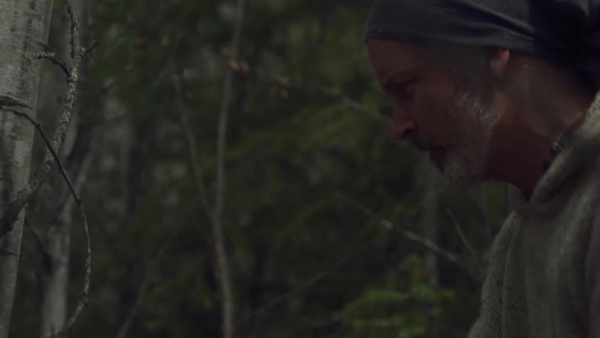 A man is chopping wood outdoors in the forest