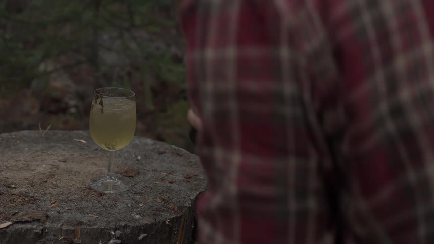 A person with long gray hair and a red plaid shirt holds a camera up to their eye focusing on a stemmed glass filled with a lightcolored beverage placed on a nearby stump