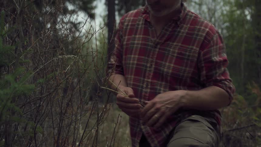 A man gathers small sticks and walks away