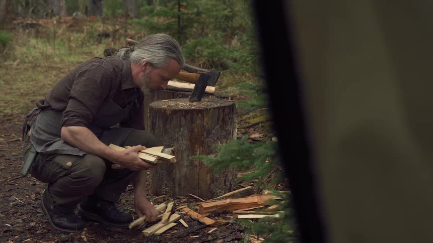 A weathered man with gray hair dressed in work clothes intently chopping wood at a stump in a wooded area