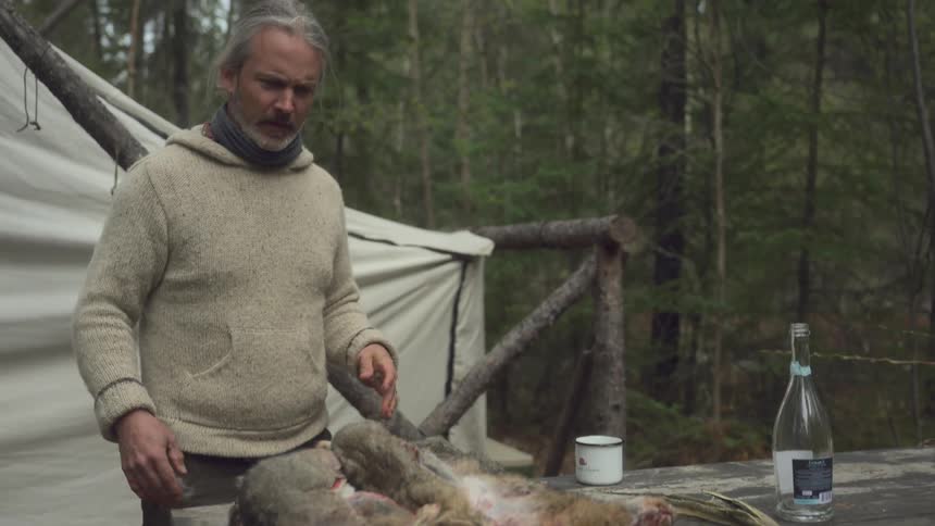 A man in outdoor clothing is preparing several skinned rabbits and other foraged items like mushrooms on a rustic wooden table beside a tent in a forest setting