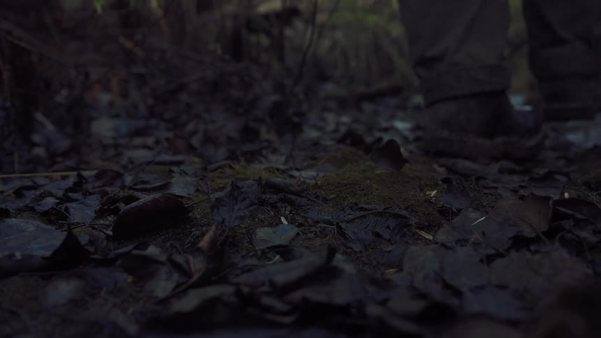 A pair of heavy boots are shown walking on a dark leafcovered forest floor by someone with slim legs