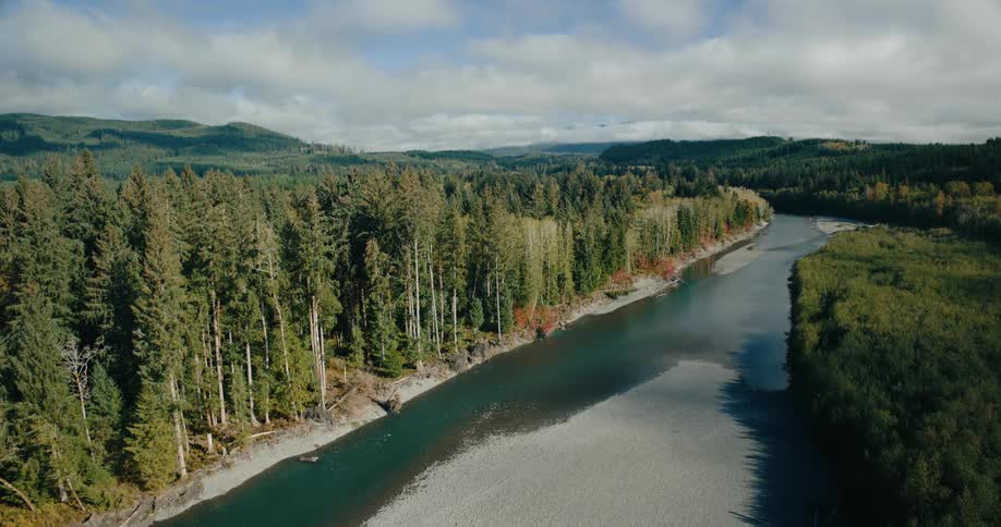 An aerial view of a river snaking through a densely forested valley with lush green trees lining its banks under a sky with scattered clouds