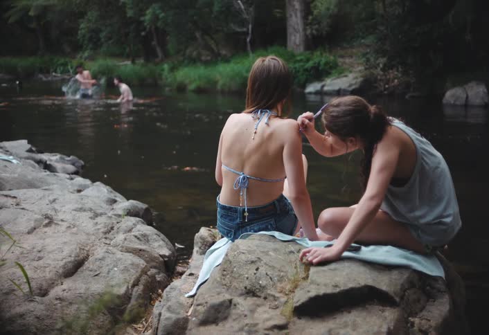 Teenagers have fun in the stream